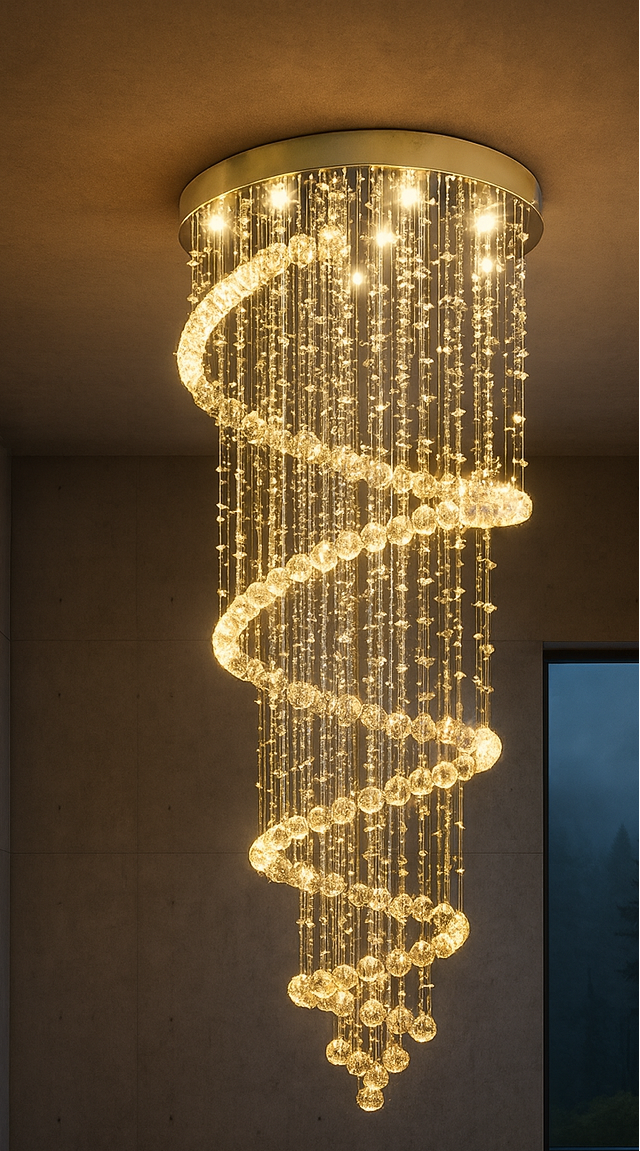 Spiral chandelier with illuminated crystals on a plain background