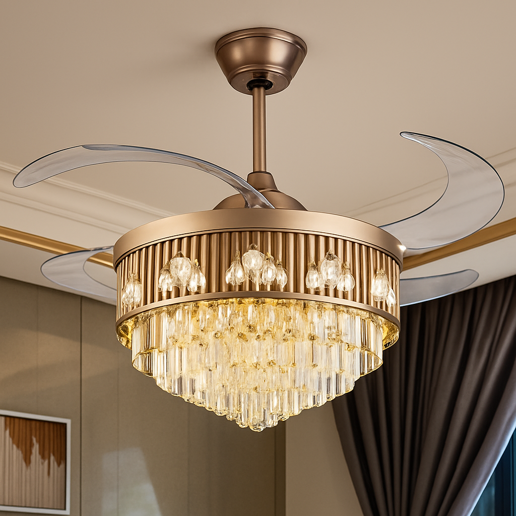 Gold Retractable Fan Chandelier Ceiling Fan With Remote Control