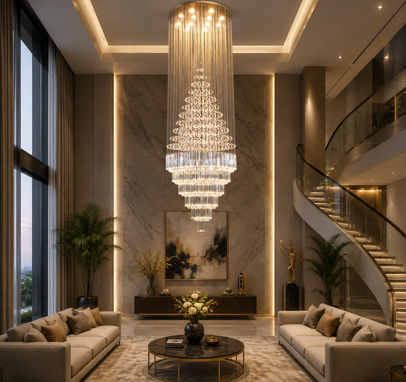 Luxurious interior with a chandelier, sofa, and staircase in a modern home.