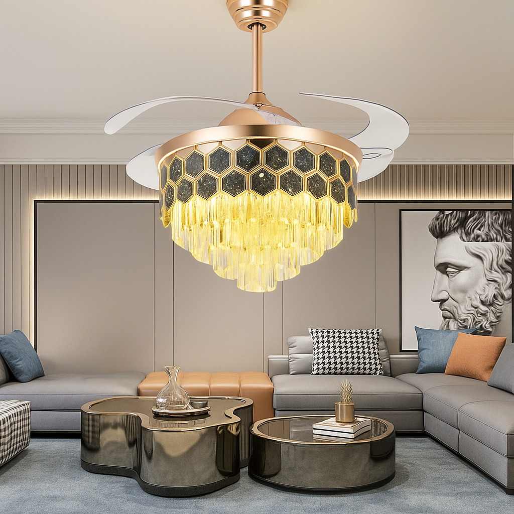 Retactable Ceiling Hexa Black Gold Retractable Chandelier Ceiling Fan With Remote Control ...