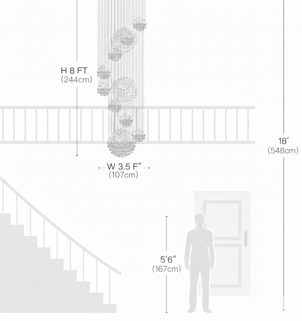 Measurement chart of a chandelier with dimensions labeled