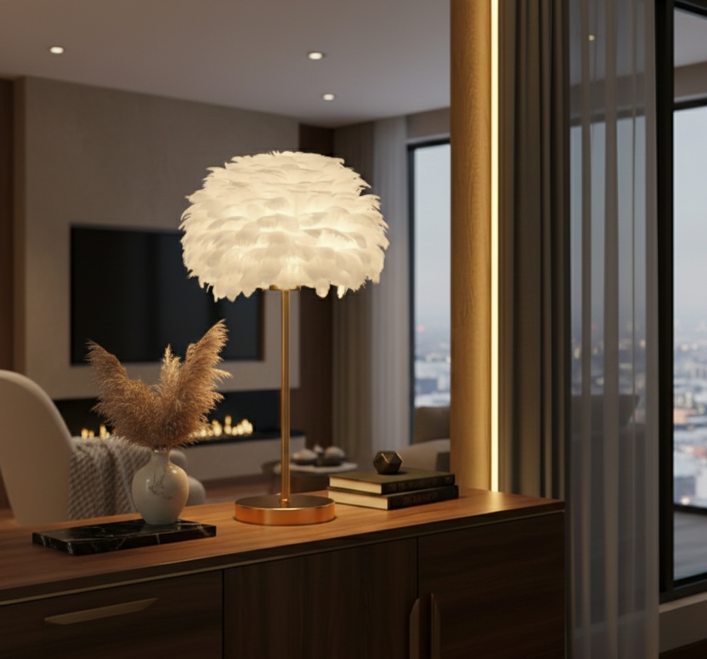 Modern interior with a decorative lamp on a wooden surface, large windows showing a cityscape.