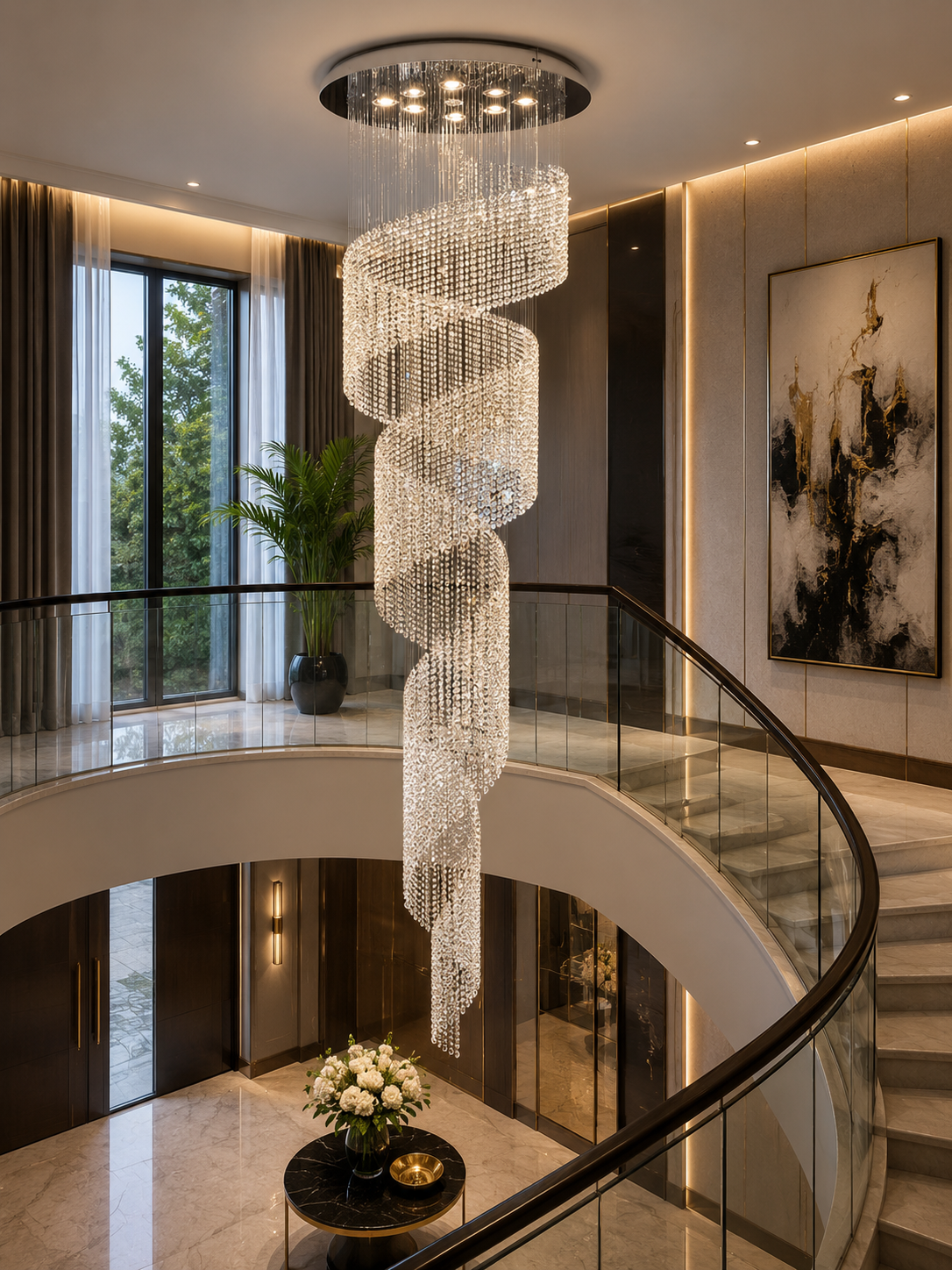 Contemporary Crystal ‘Twist’ Chandeliers
