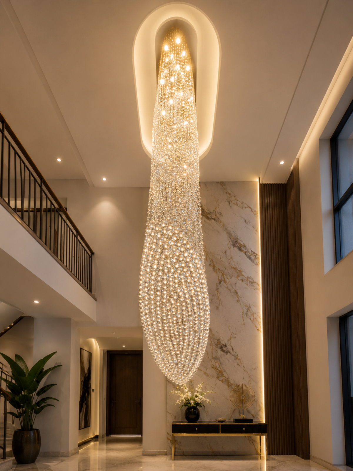Luxurious chandelier hanging in a modern interior setting with marble walls and a staircase.